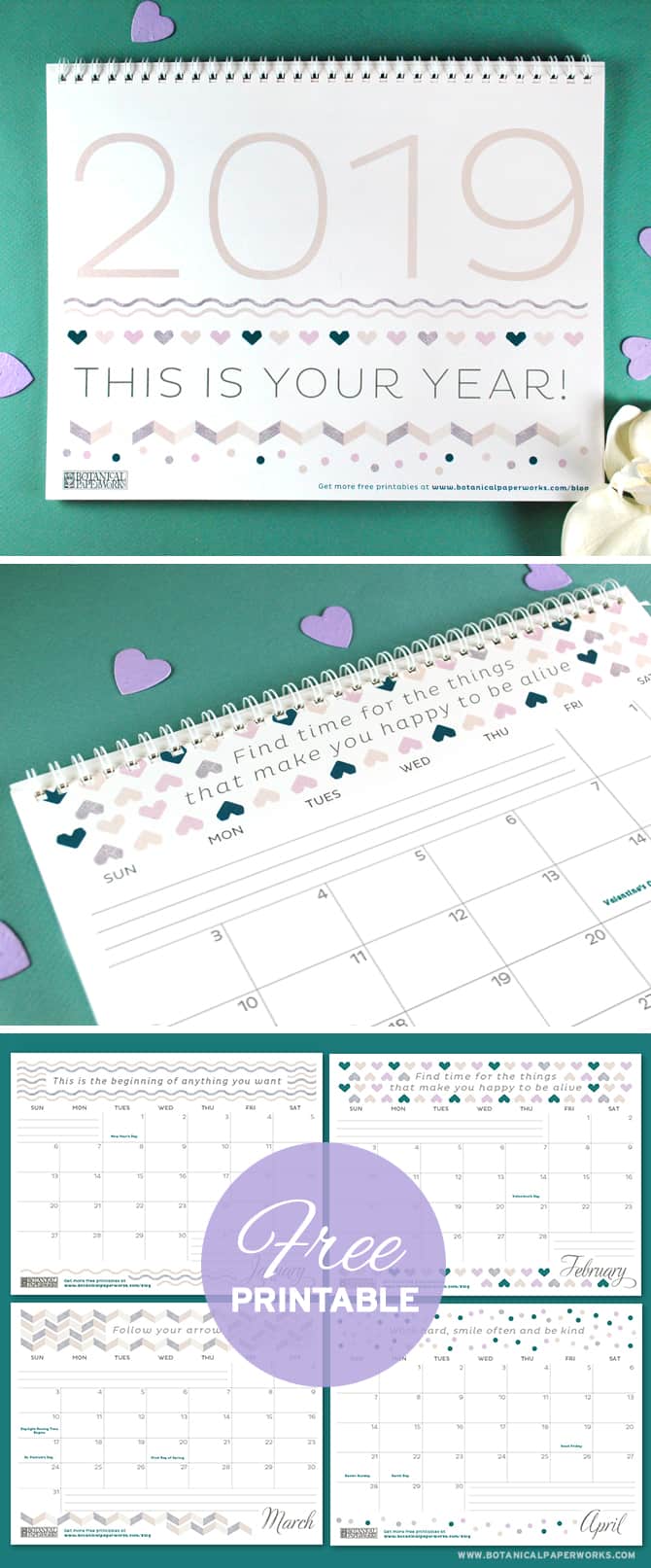 Free-Printable inspirational Calendar 2019 botanical paperworks